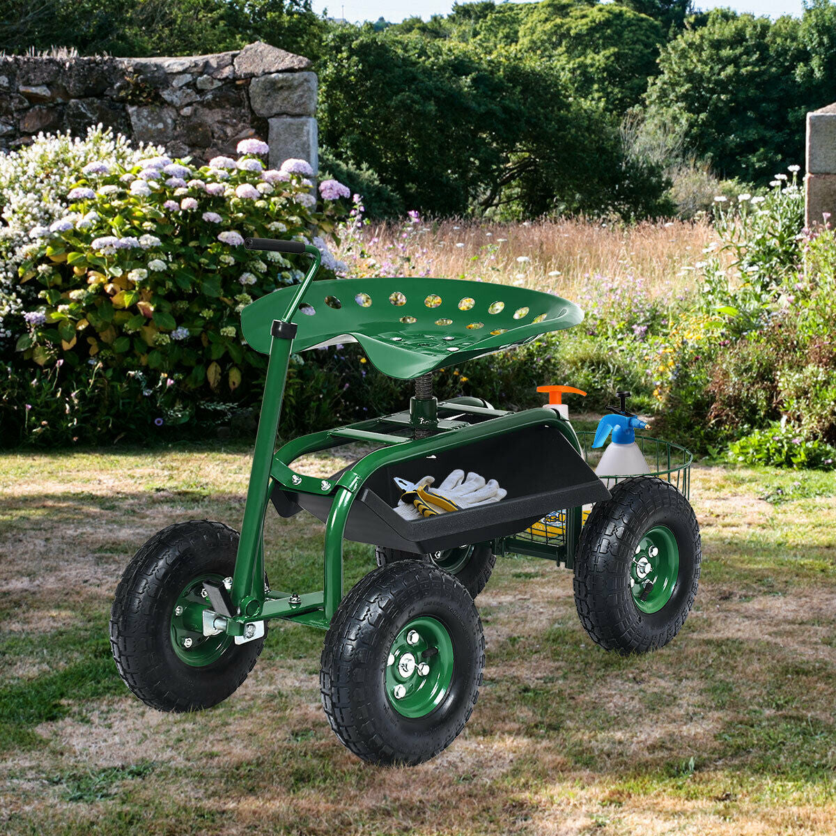Extendable Handle Garden Cart Rolling Wagon ScooterÂ