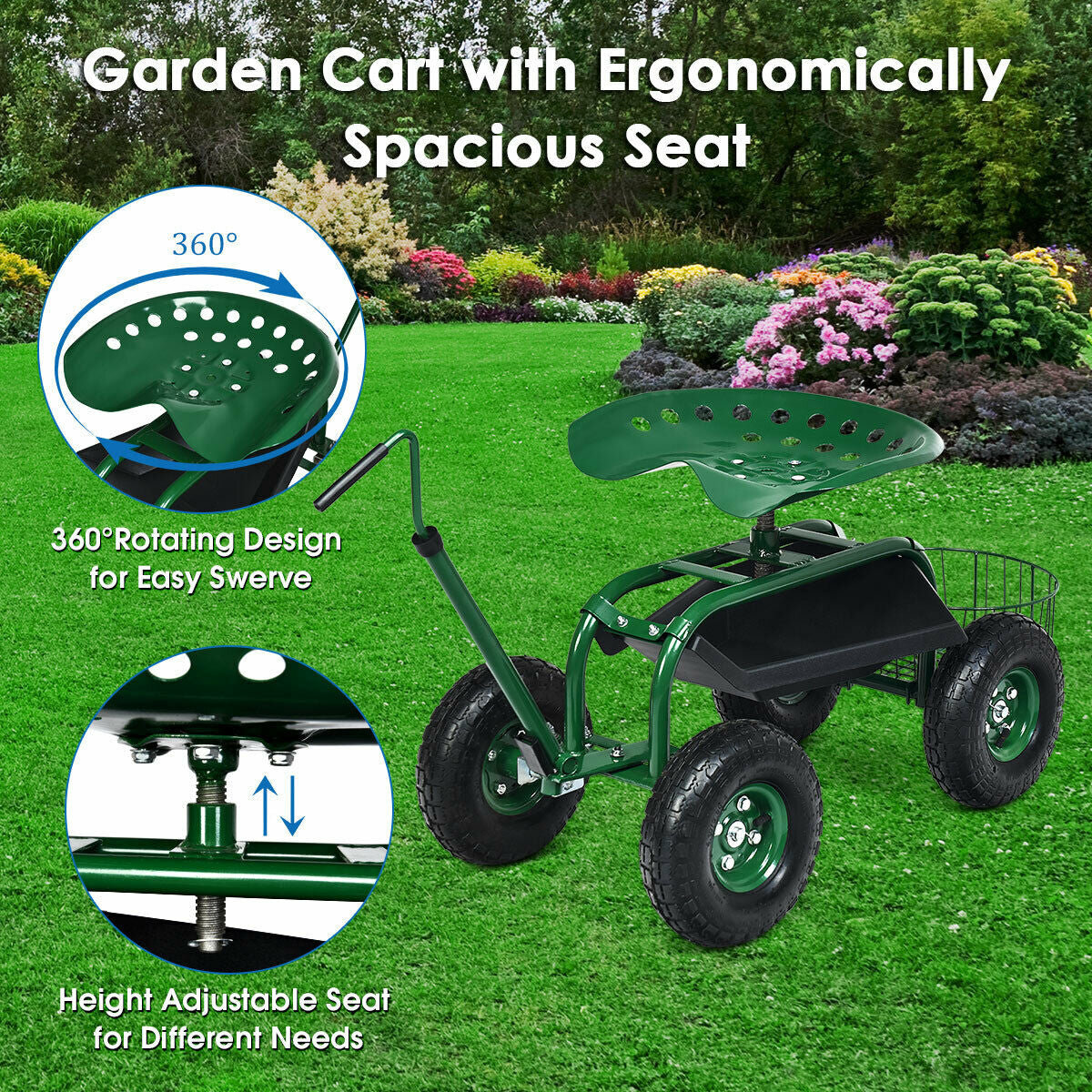Extendable Handle Garden Cart Rolling Wagon ScooterÂ