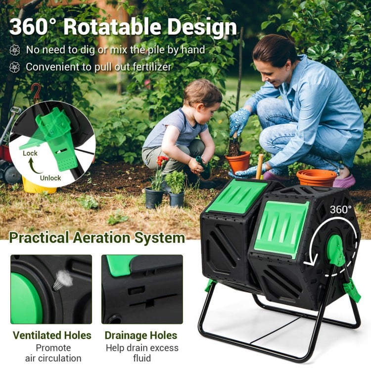 Dual Chamber Garden Compost Tumbler with Sliding Doors-Black & Green
