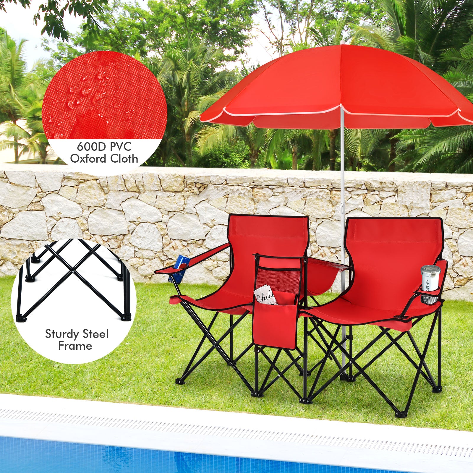 Portable Folding Picnic Double Chair With Umbrella-Red