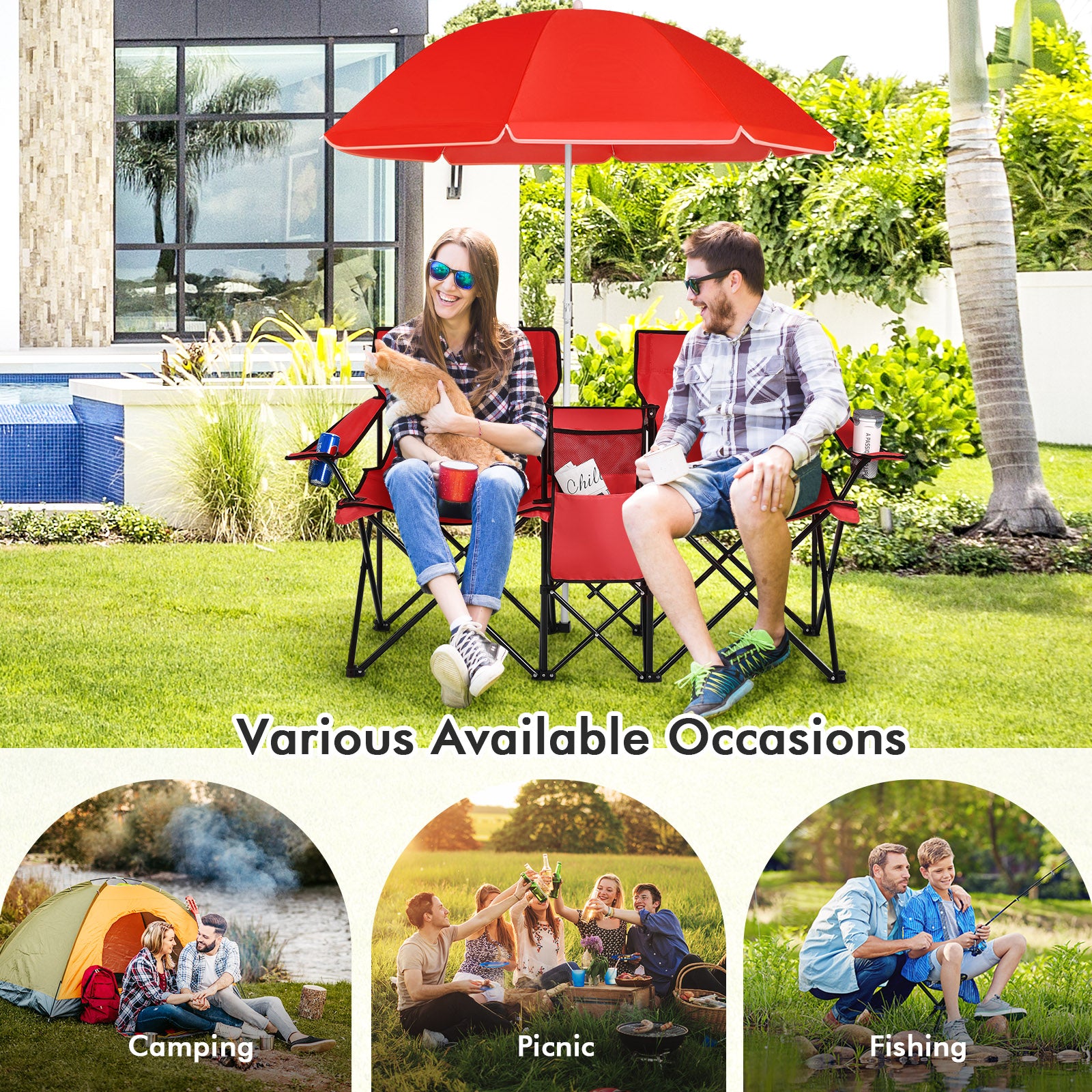 Portable Folding Picnic Double Chair With Umbrella-Red