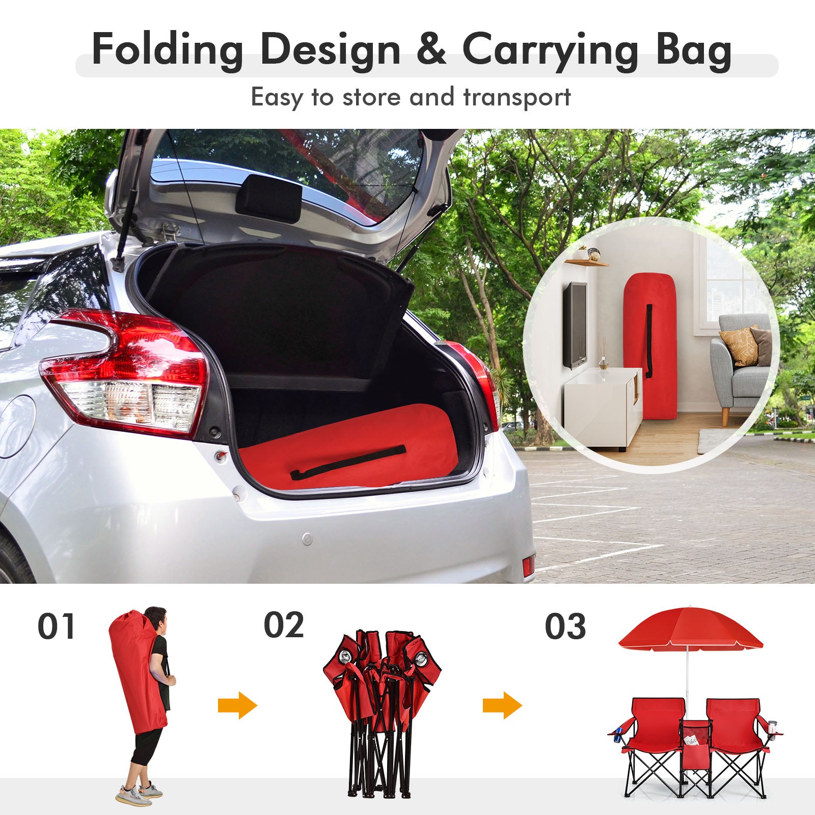 Portable Folding Picnic Double Chair With Umbrella-Red