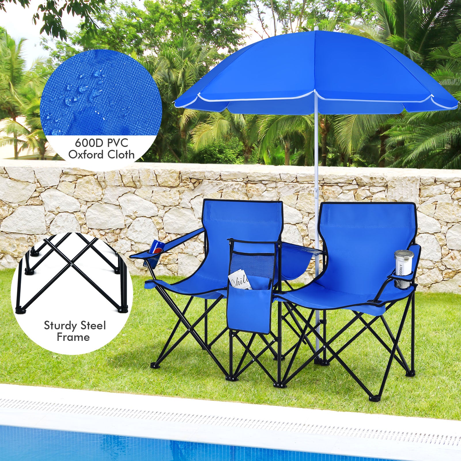 Portable Folding Picnic Double Chair with Umbrella-BlueÂ
