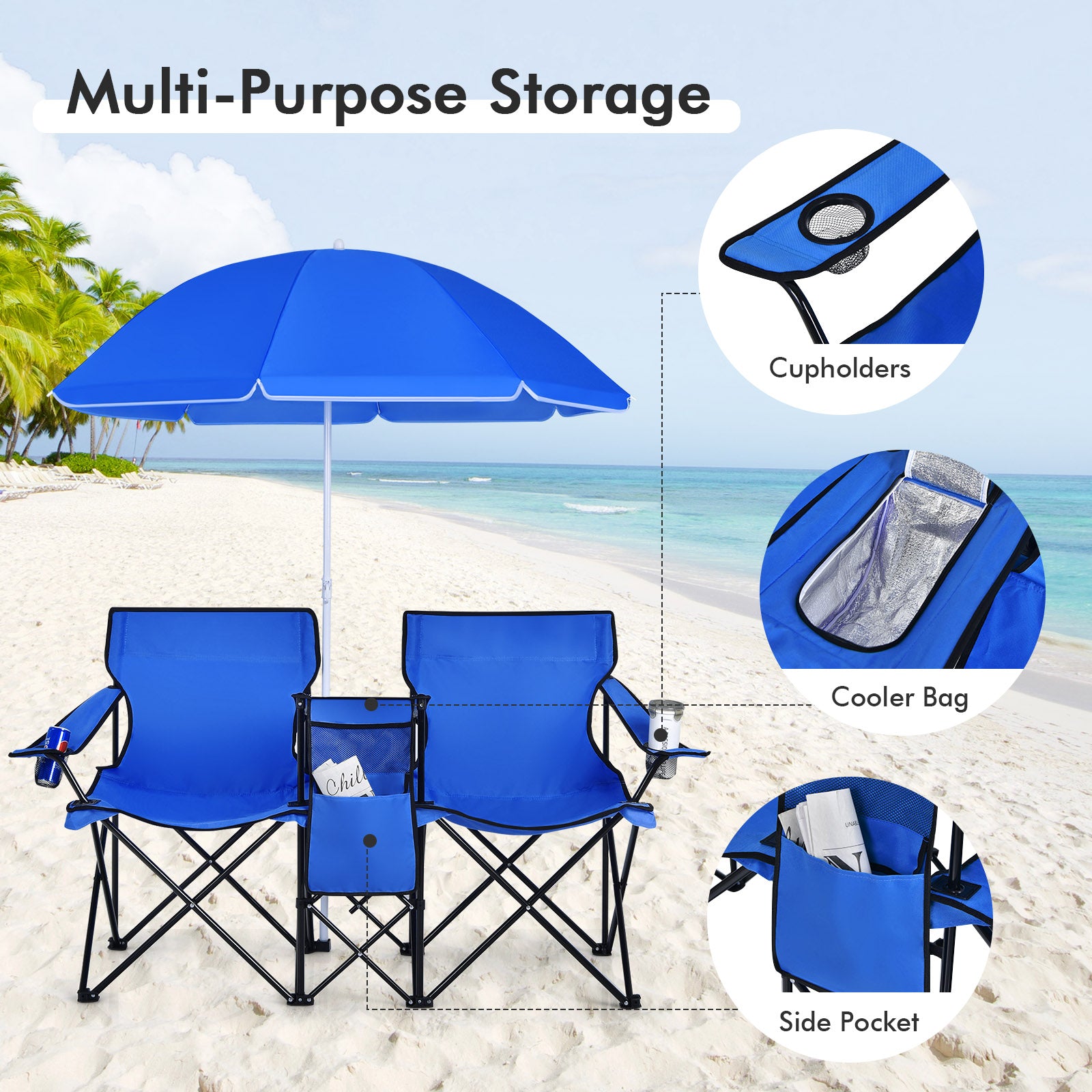 Portable Folding Picnic Double Chair with Umbrella-BlueÂ