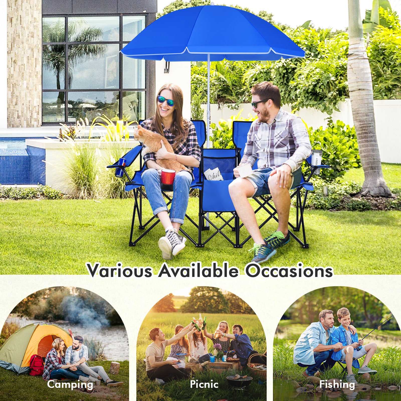 Portable Folding Picnic Double Chair with Umbrella-BlueÂ