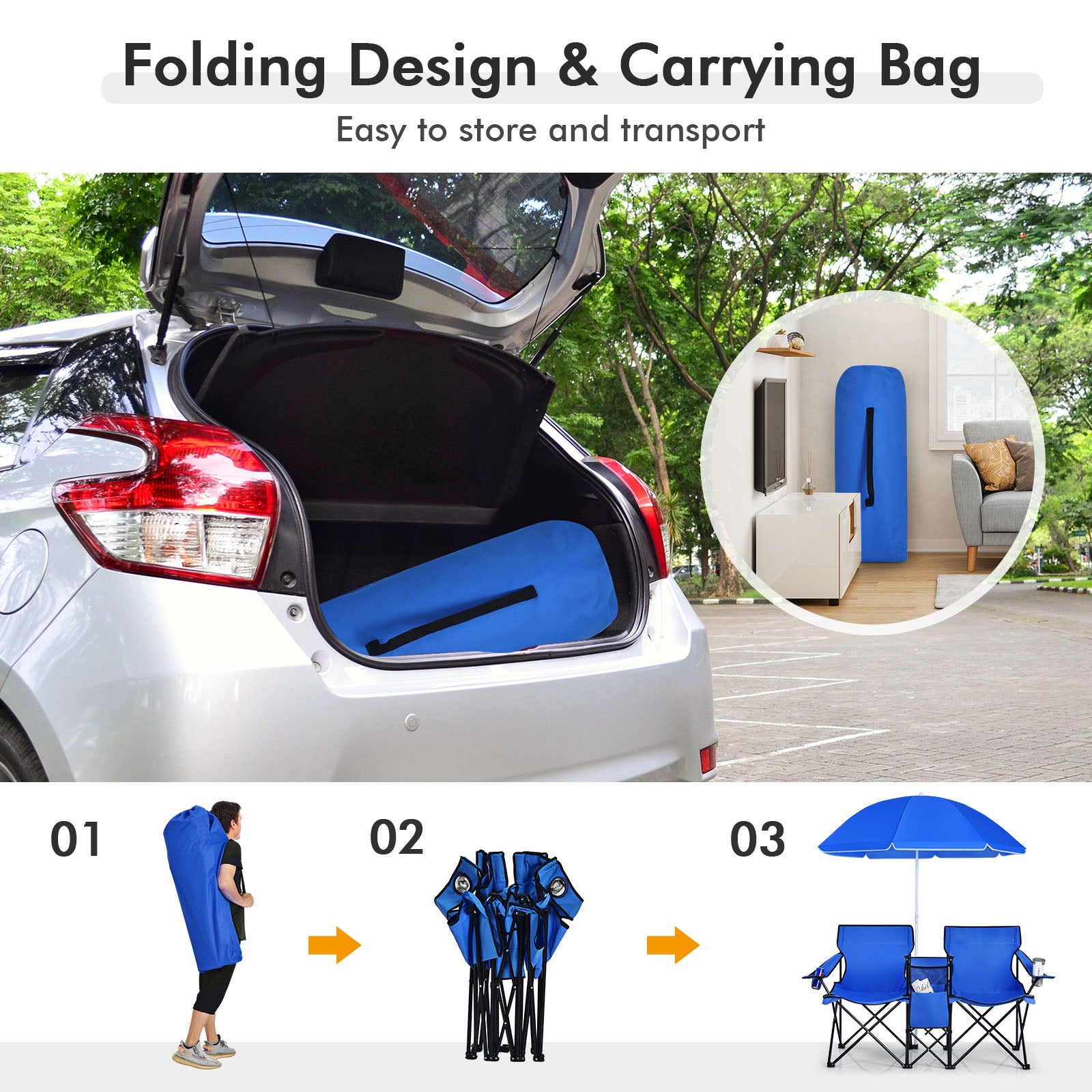 Portable Folding Picnic Double Chair with Umbrella-BlueÂ