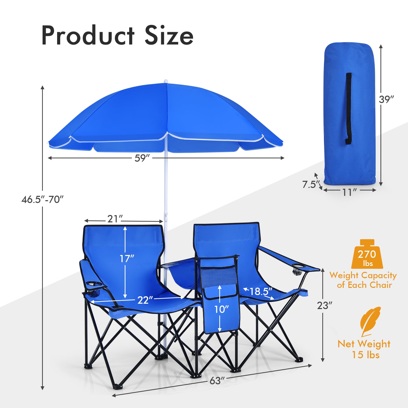 Portable Folding Picnic Double Chair with Umbrella-BlueÂ