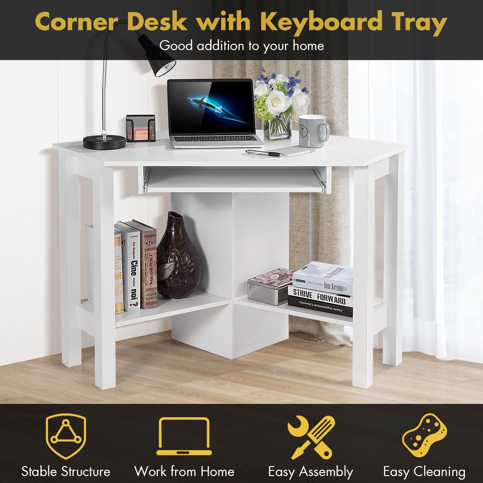 Wooden Study Computer Corner Desk with Drawer-WhiteÂ