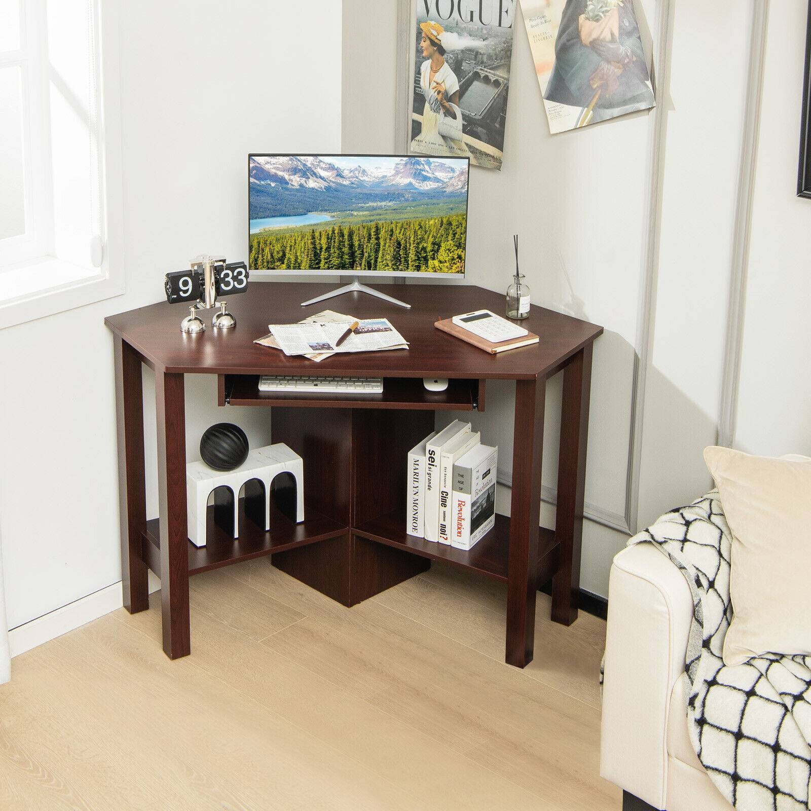 Wooden Study Computer Corner Desk with Drawer-BrownÂ