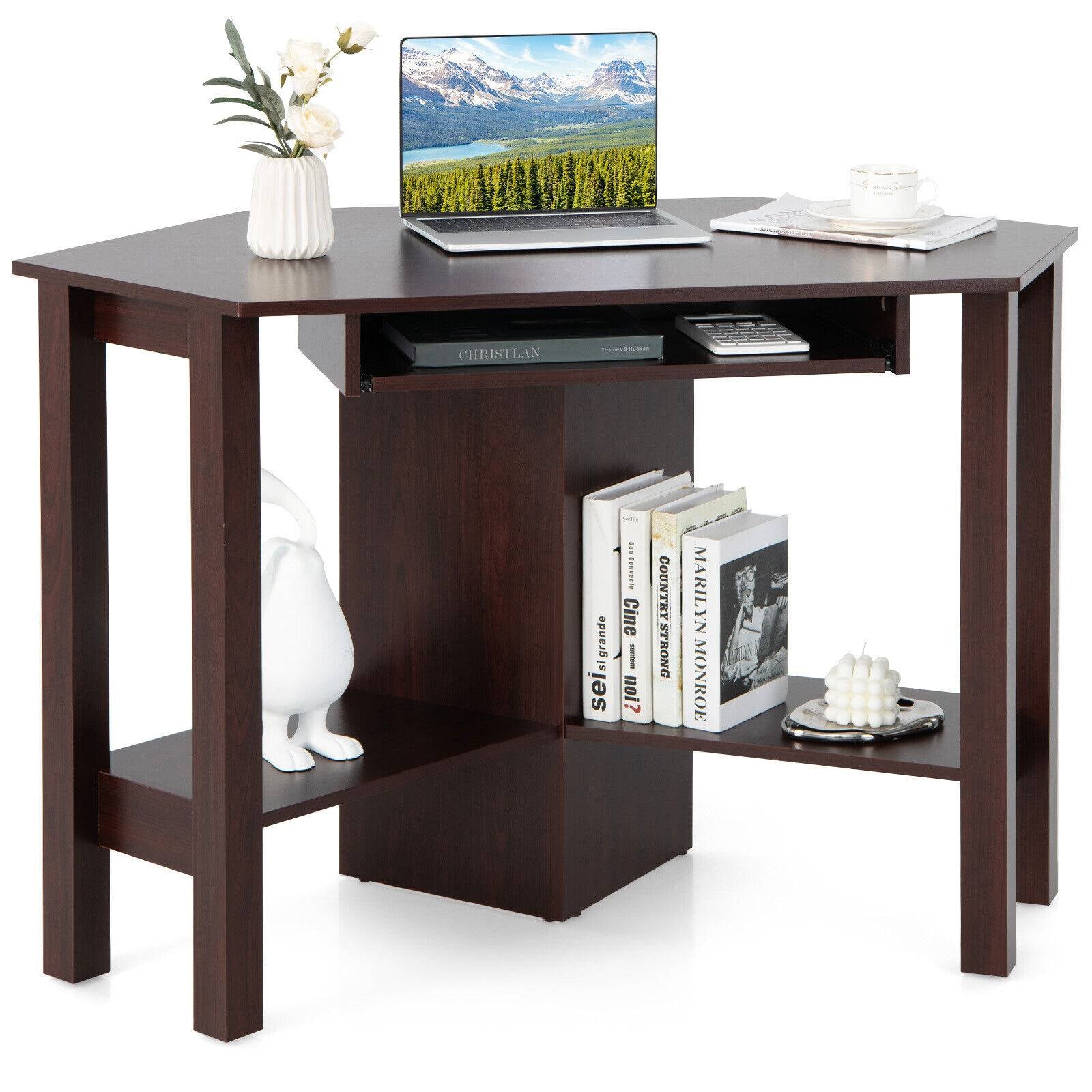 Wooden Study Computer Corner Desk with Drawer-BrownÂ