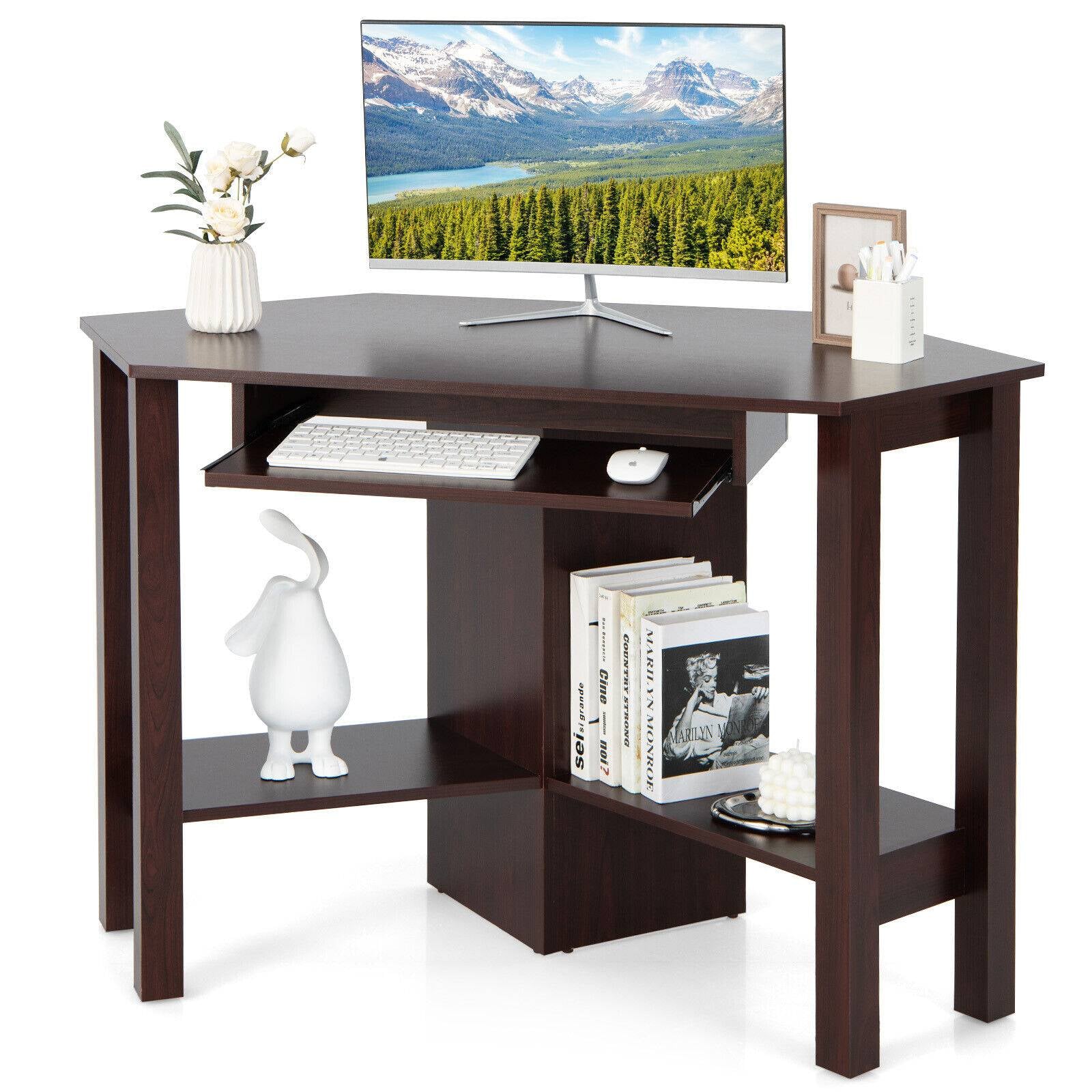 Wooden Study Computer Corner Desk with Drawer-BrownÂ