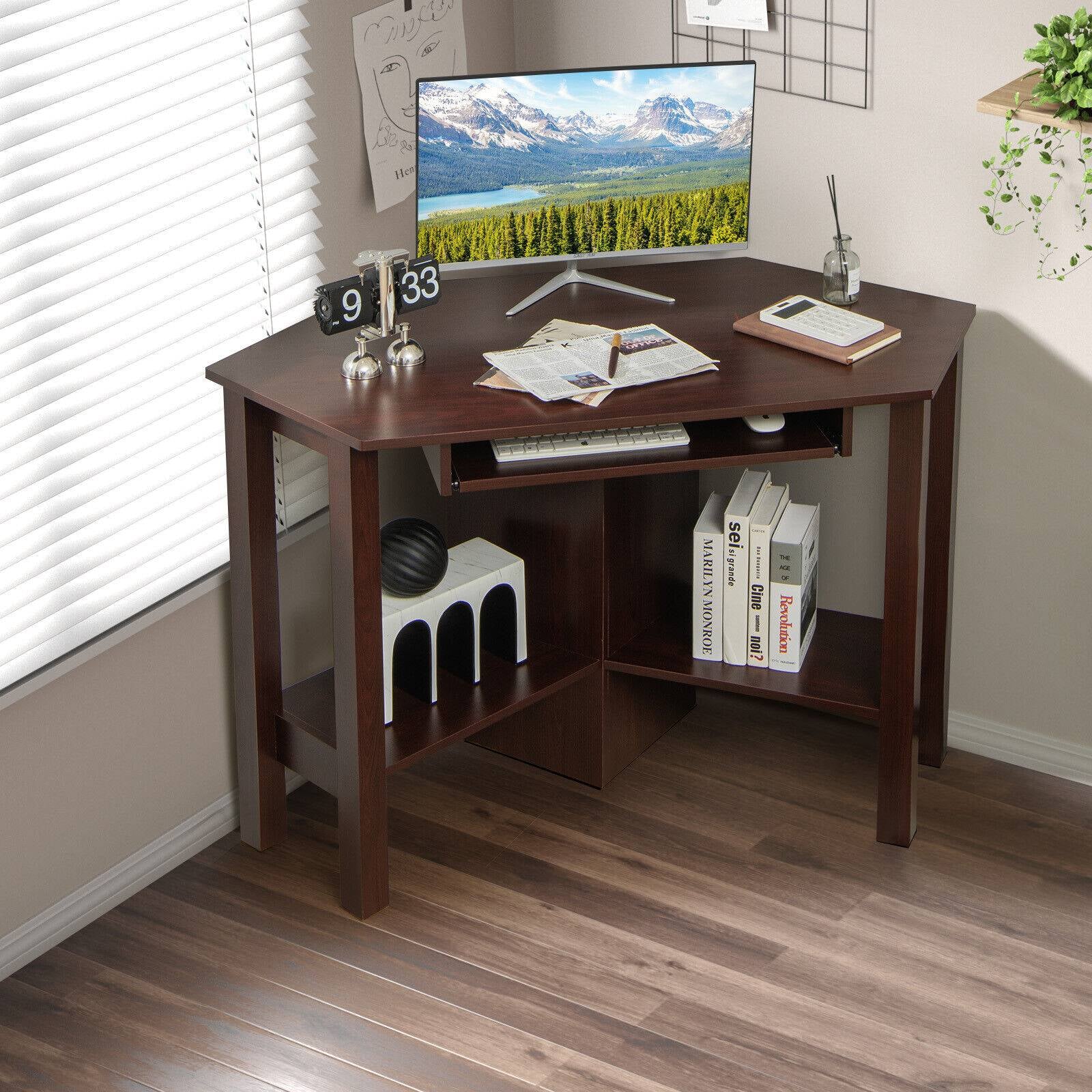 Wooden Study Computer Corner Desk with Drawer-BrownÂ