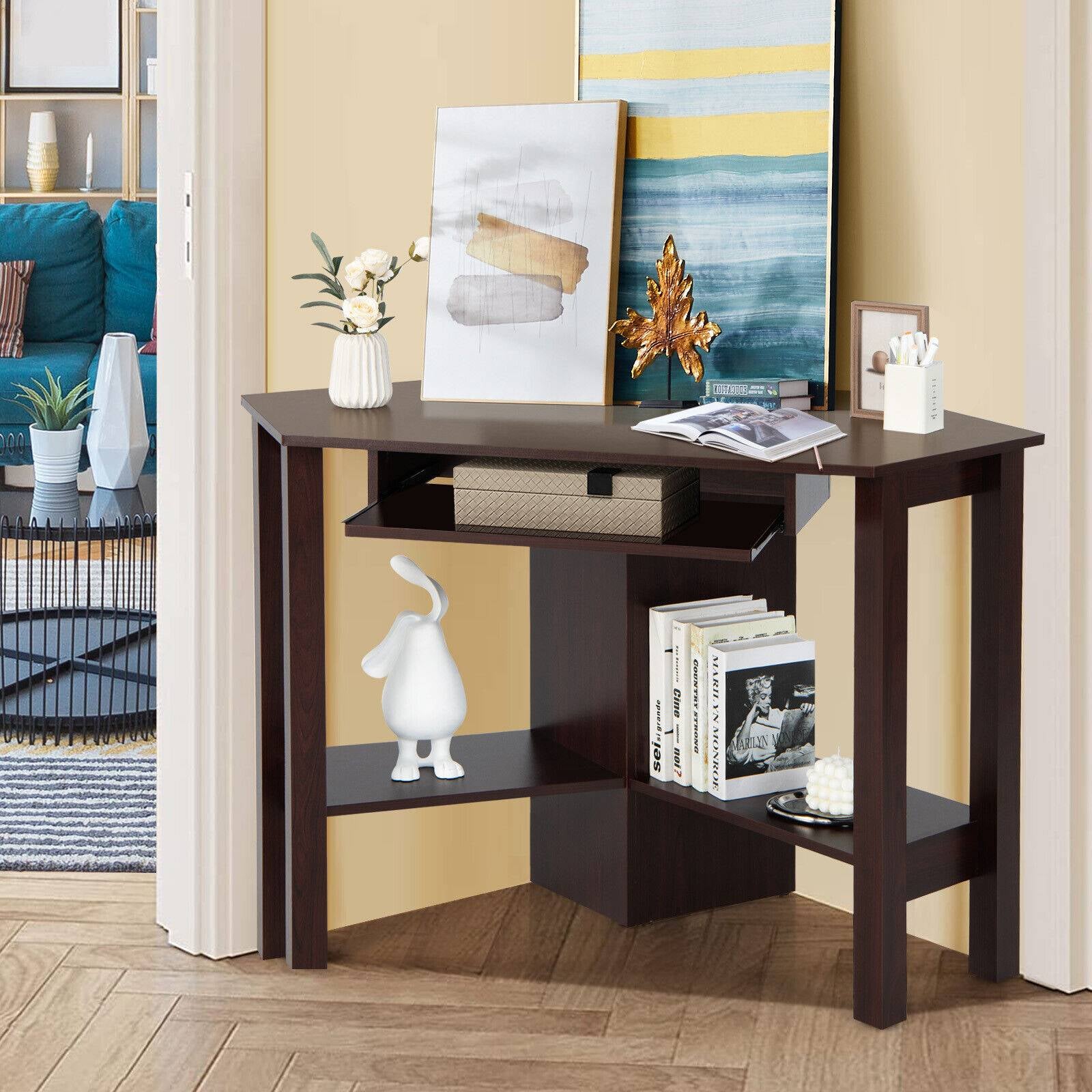 Wooden Study Computer Corner Desk with Drawer-BrownÂ