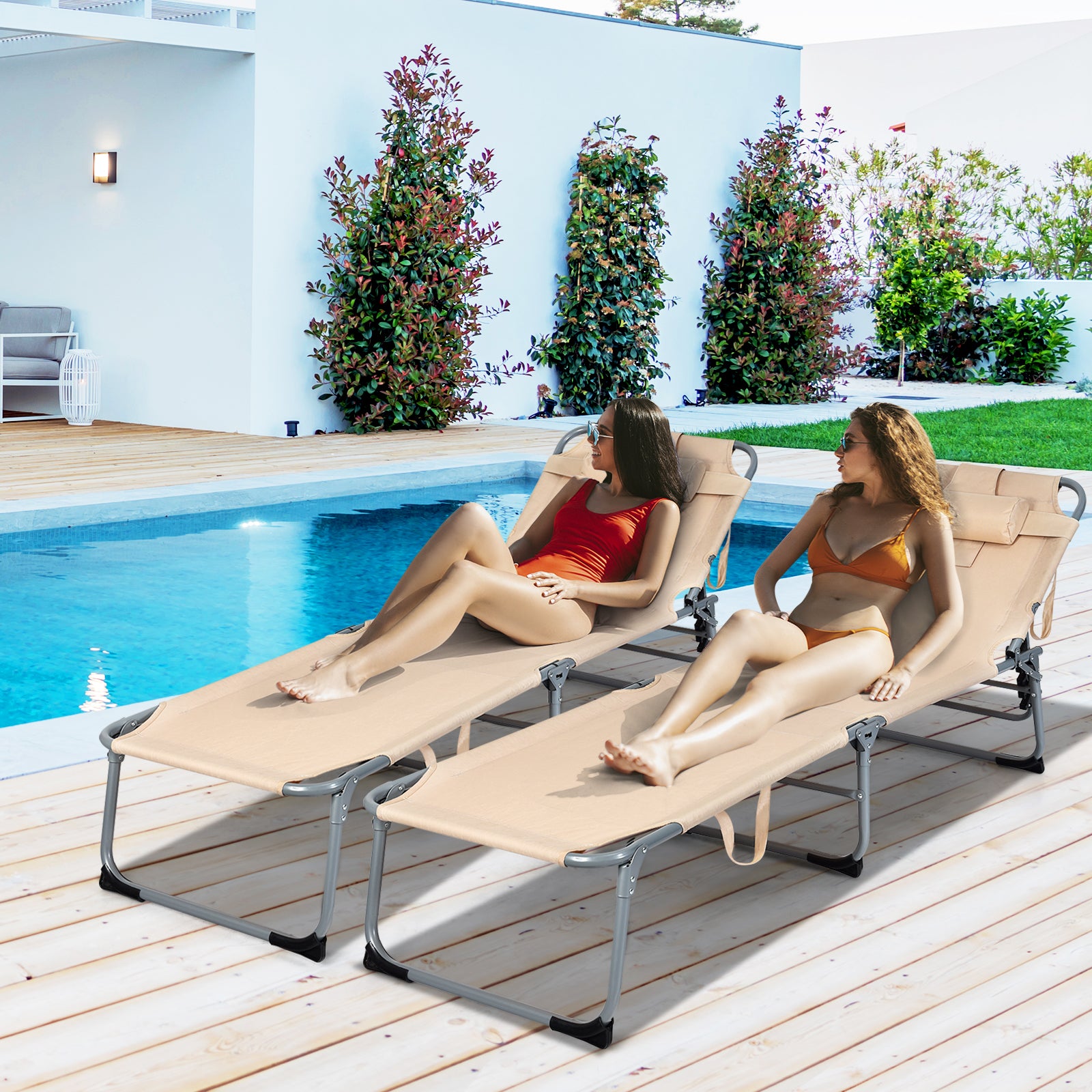 Folding Chaise Lounge Chair with Face Hole for Beach-BeigeÂ