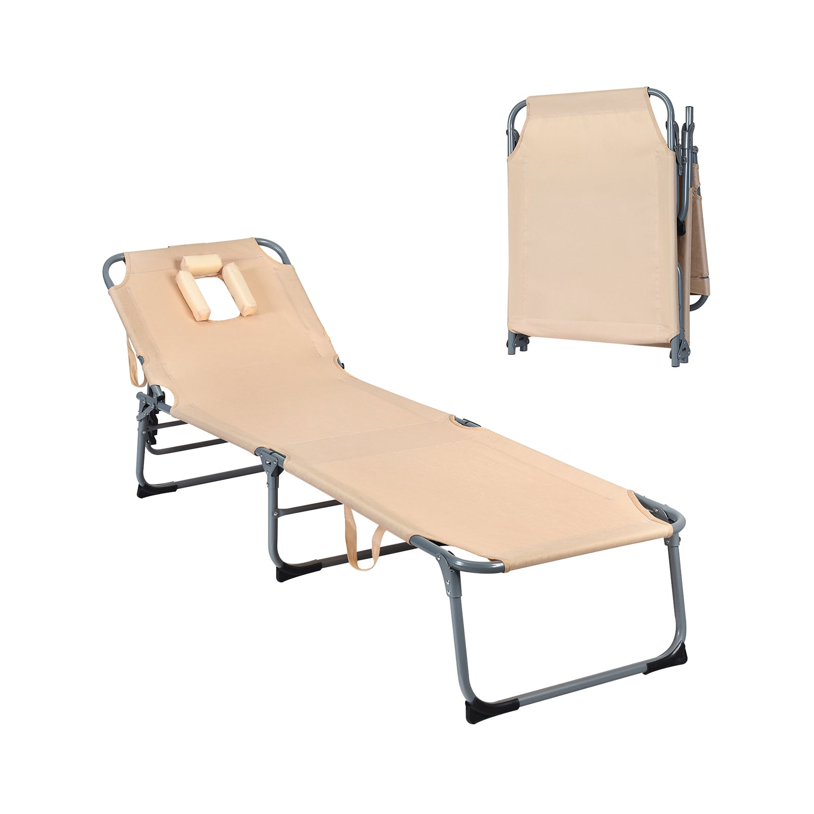 Folding Chaise Lounge Chair with Face Hole for Beach-BeigeÂ