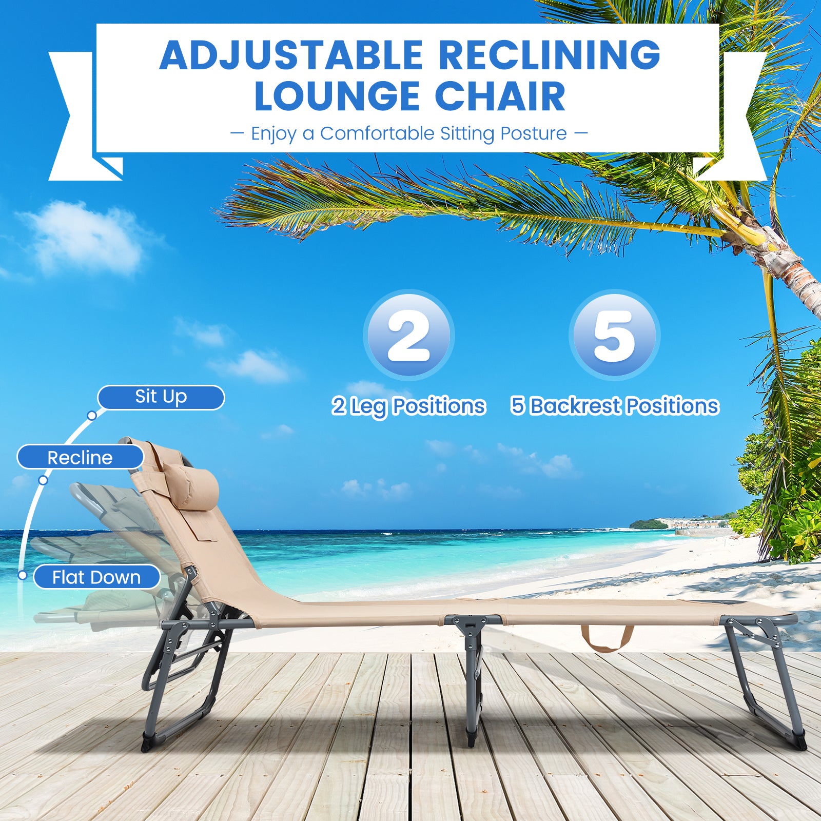 Folding Chaise Lounge Chair with Face Hole for Beach-BeigeÂ