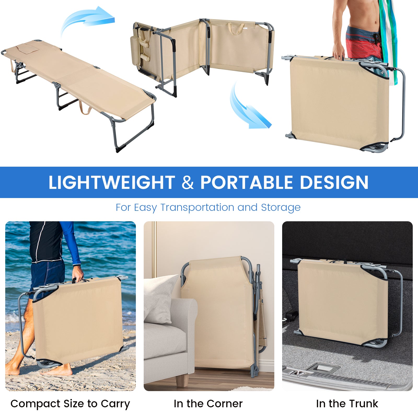 Folding Chaise Lounge Chair with Face Hole for Beach-BeigeÂ