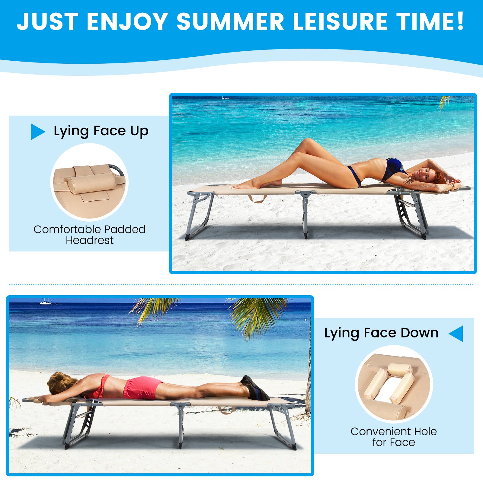Folding Chaise Lounge Chair with Face Hole for Beach-BeigeÂ