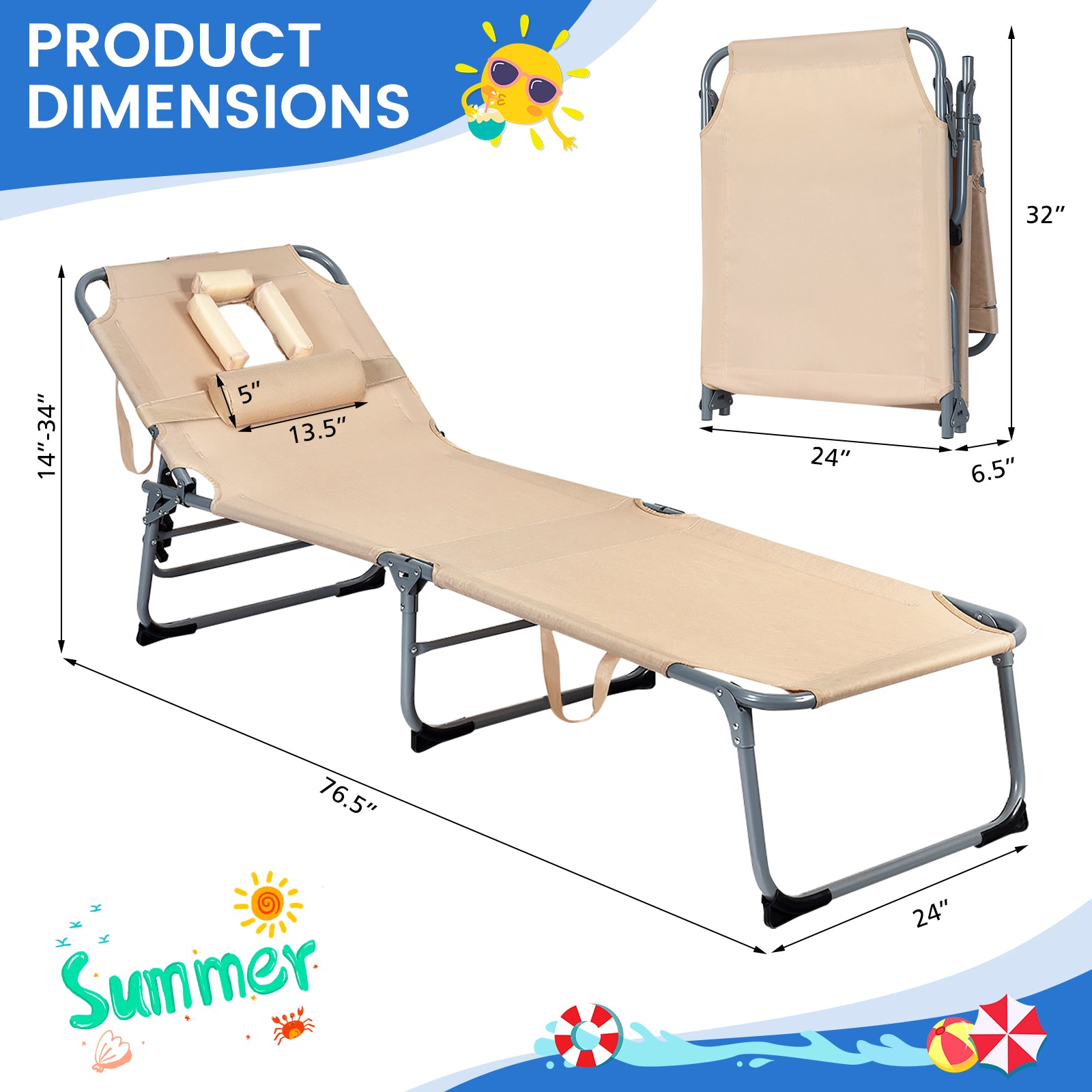 Folding Chaise Lounge Chair with Face Hole for Beach-BeigeÂ