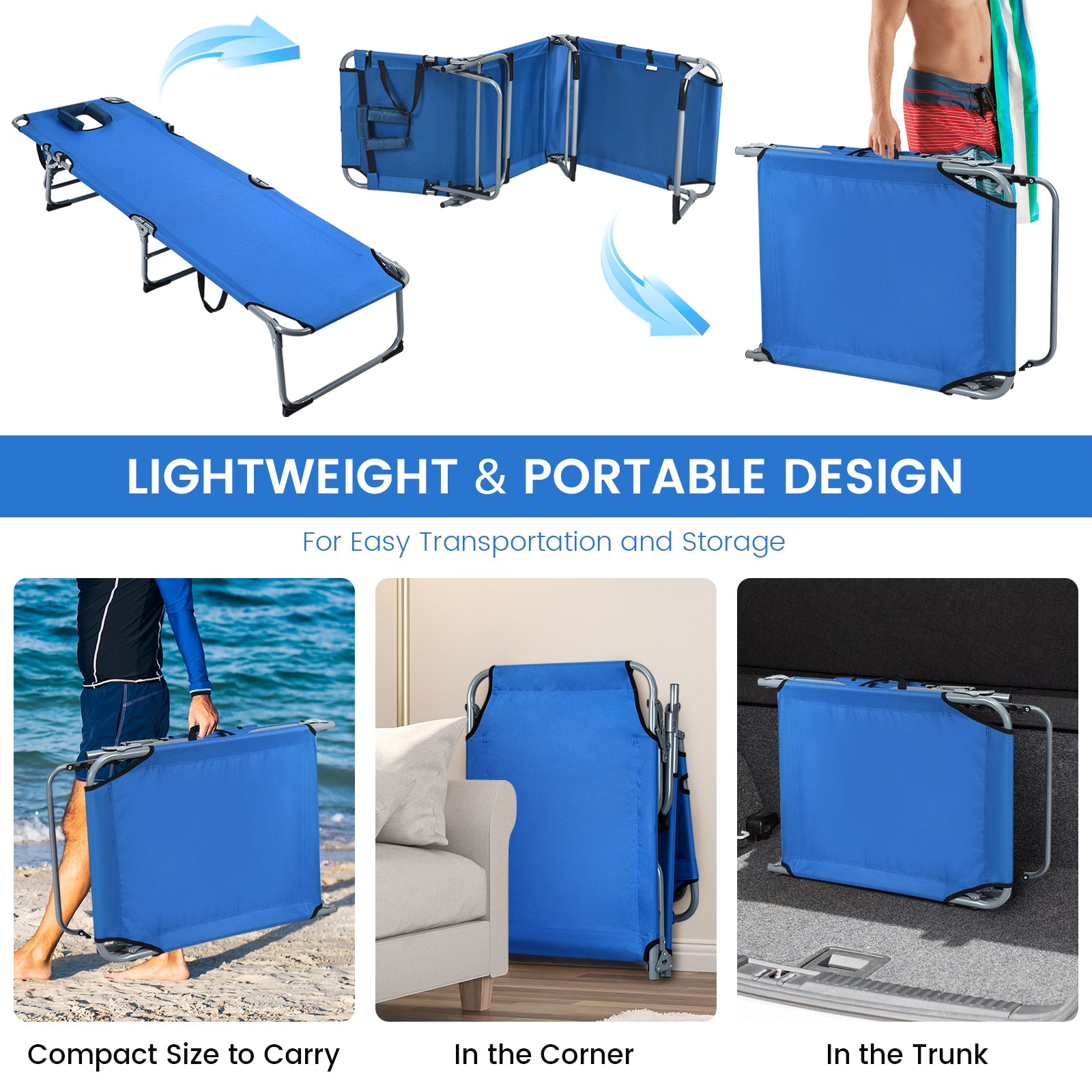 Folding Chaise Lounge Chair with Face Hole for Beach-BlueÂ