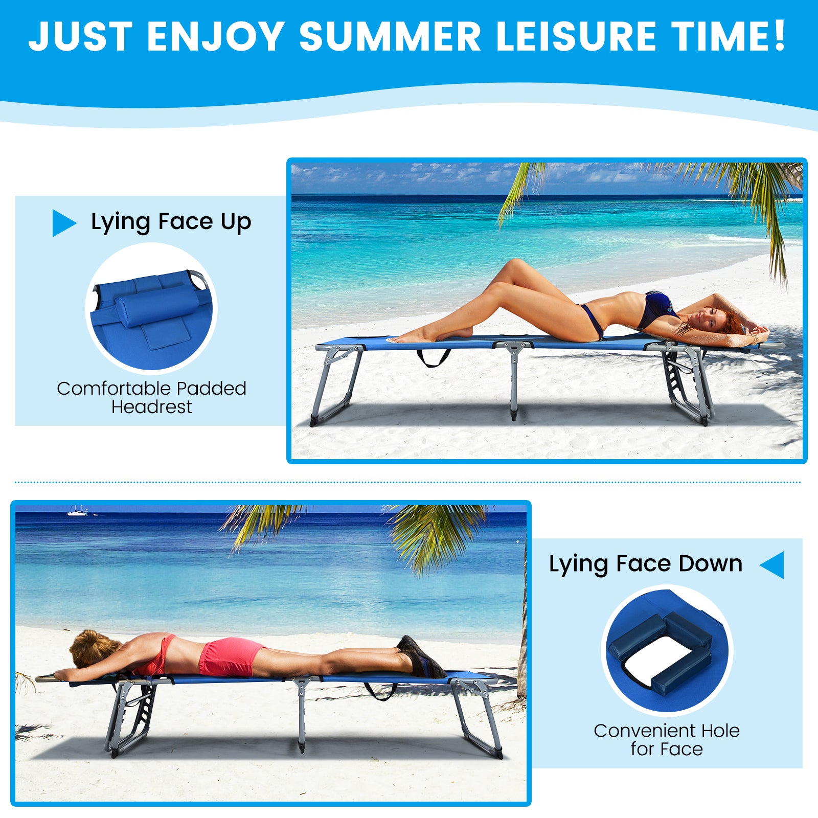 Folding Chaise Lounge Chair with Face Hole for Beach-BlueÂ
