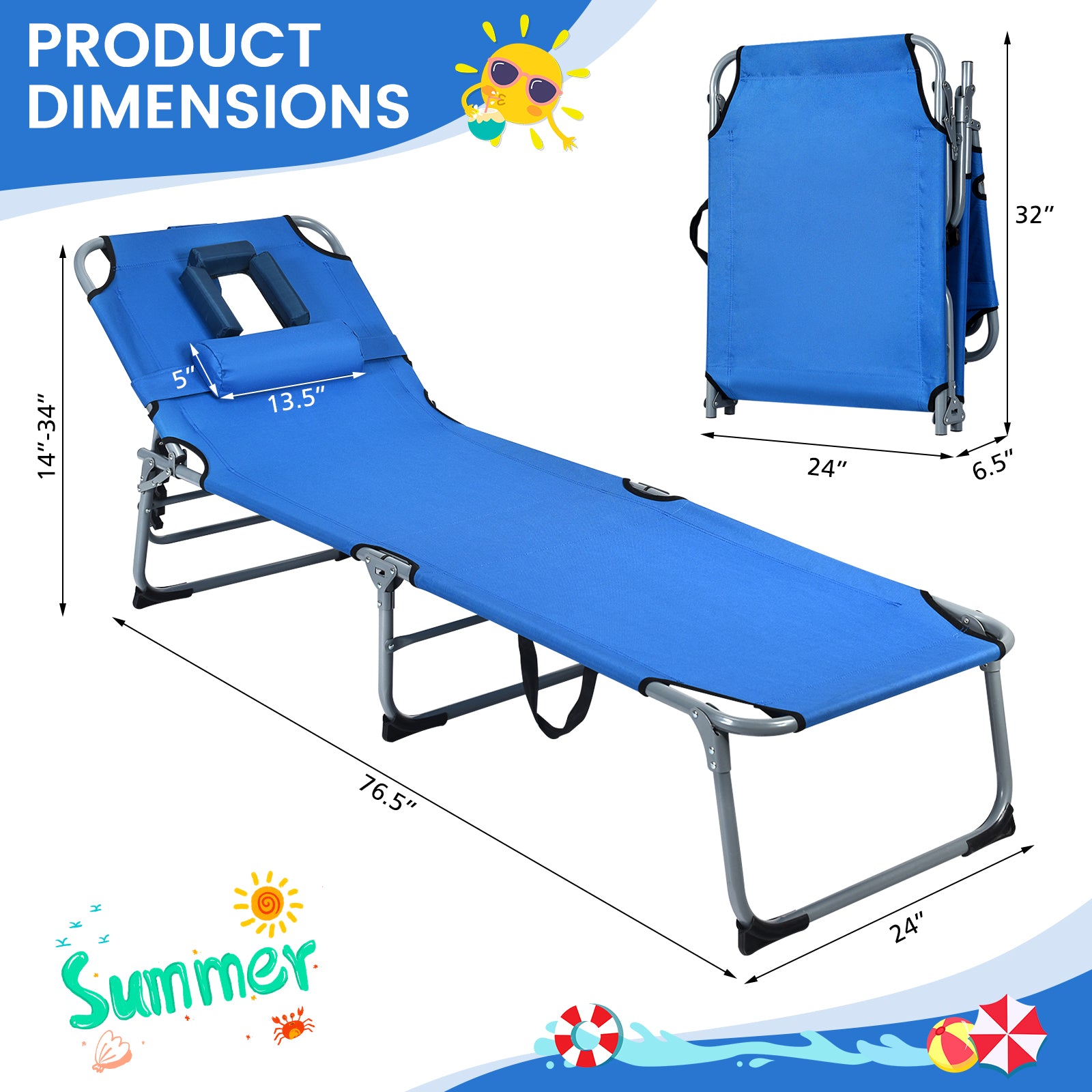 Folding Chaise Lounge Chair with Face Hole for Beach-BlueÂ