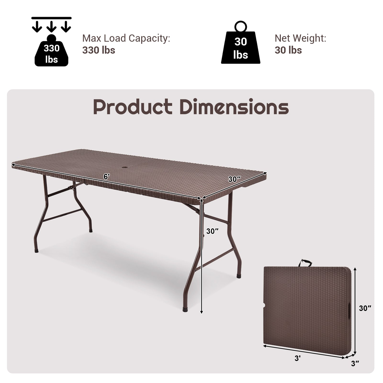 6 Feet Folding Portable Rattan Table with Carrying HandleÂ