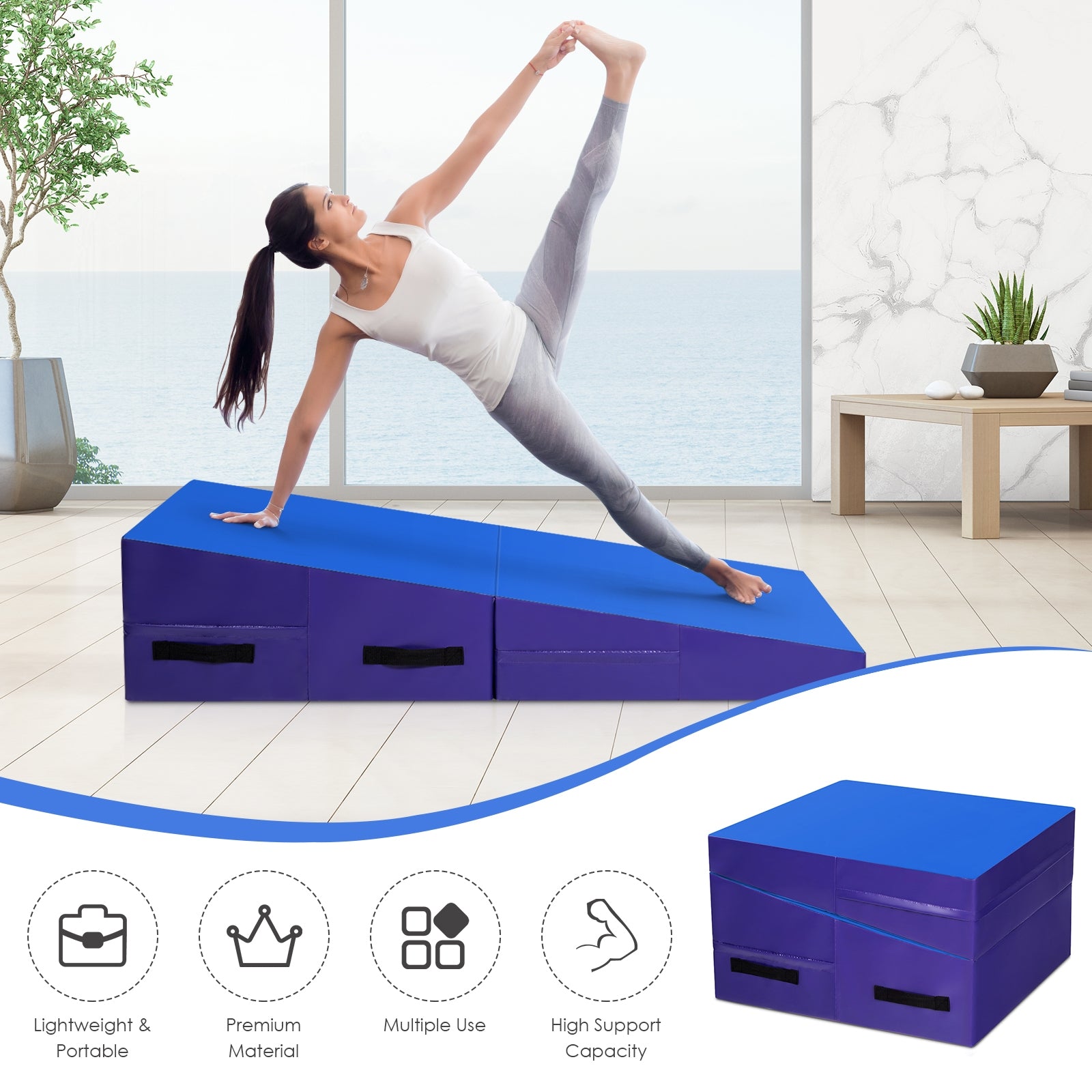 Folding Incline Tumbling Wedge Gymnastics Exercise Mat-BlueÂ