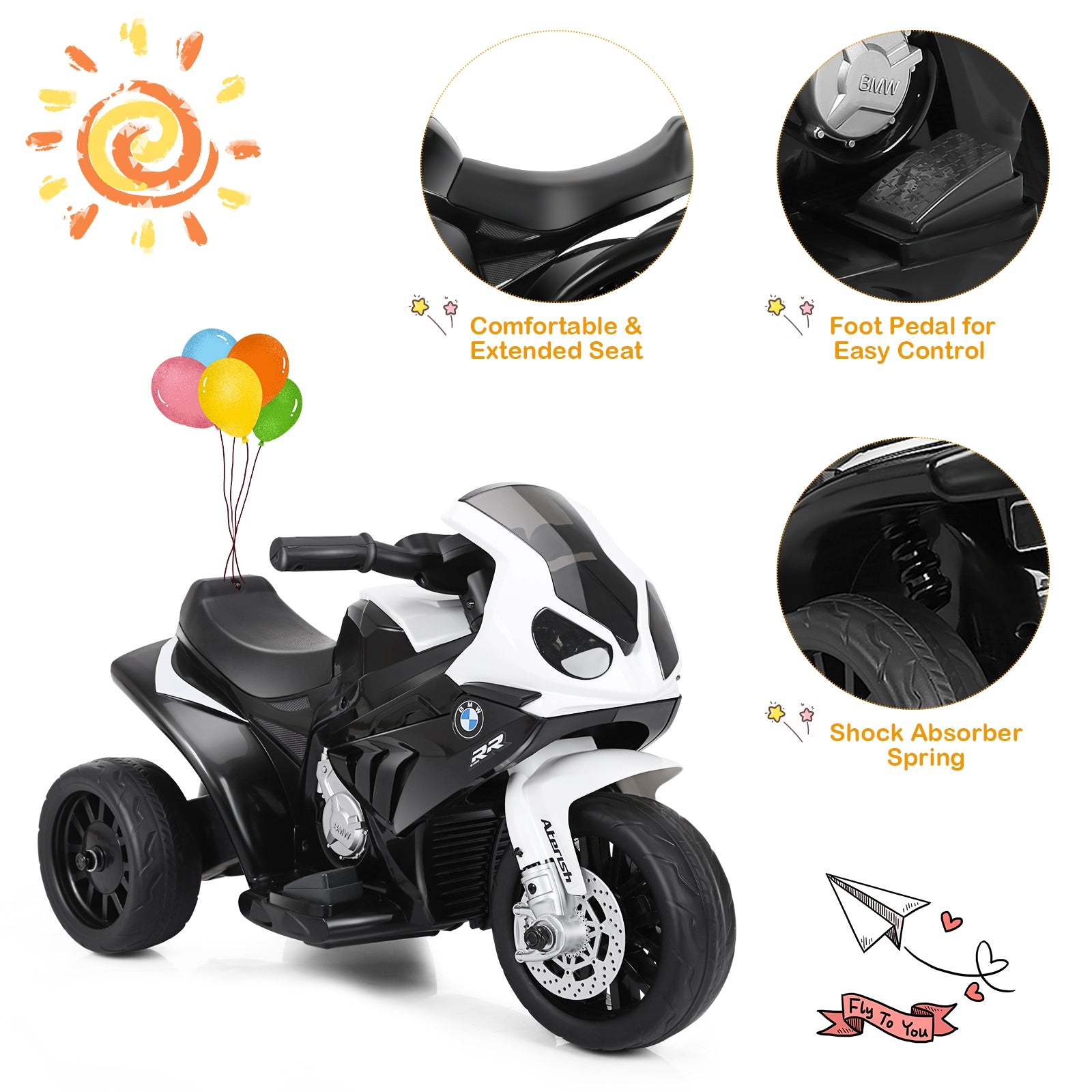6V Kids 3 Wheels Riding BMW Licensed Electric Motorcycle-BlackÂ