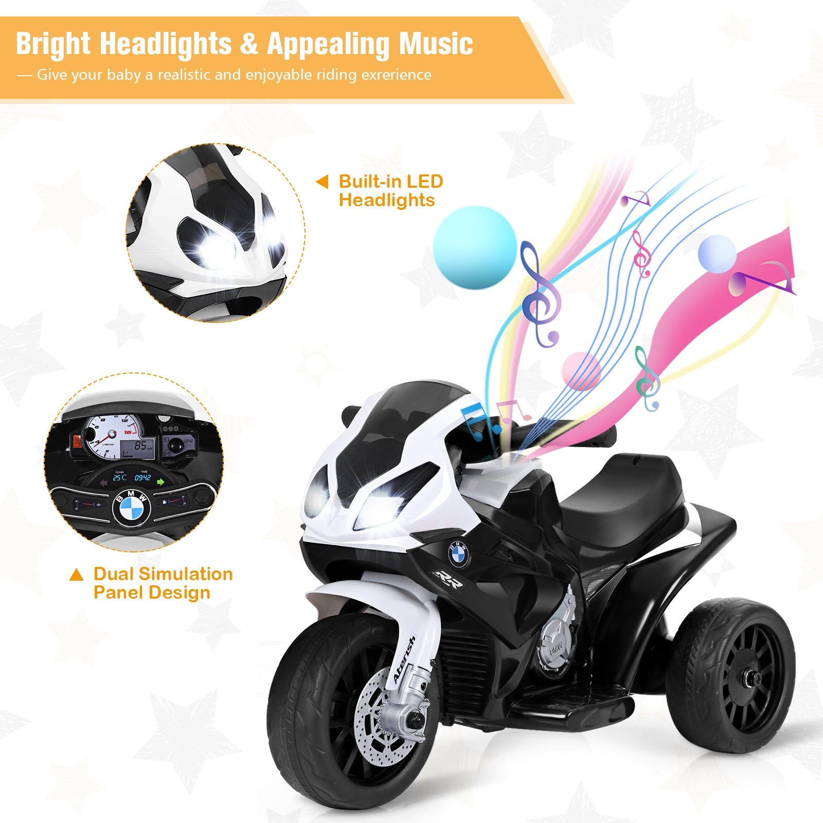 6V Kids 3 Wheels Riding BMW Licensed Electric Motorcycle-BlackÂ