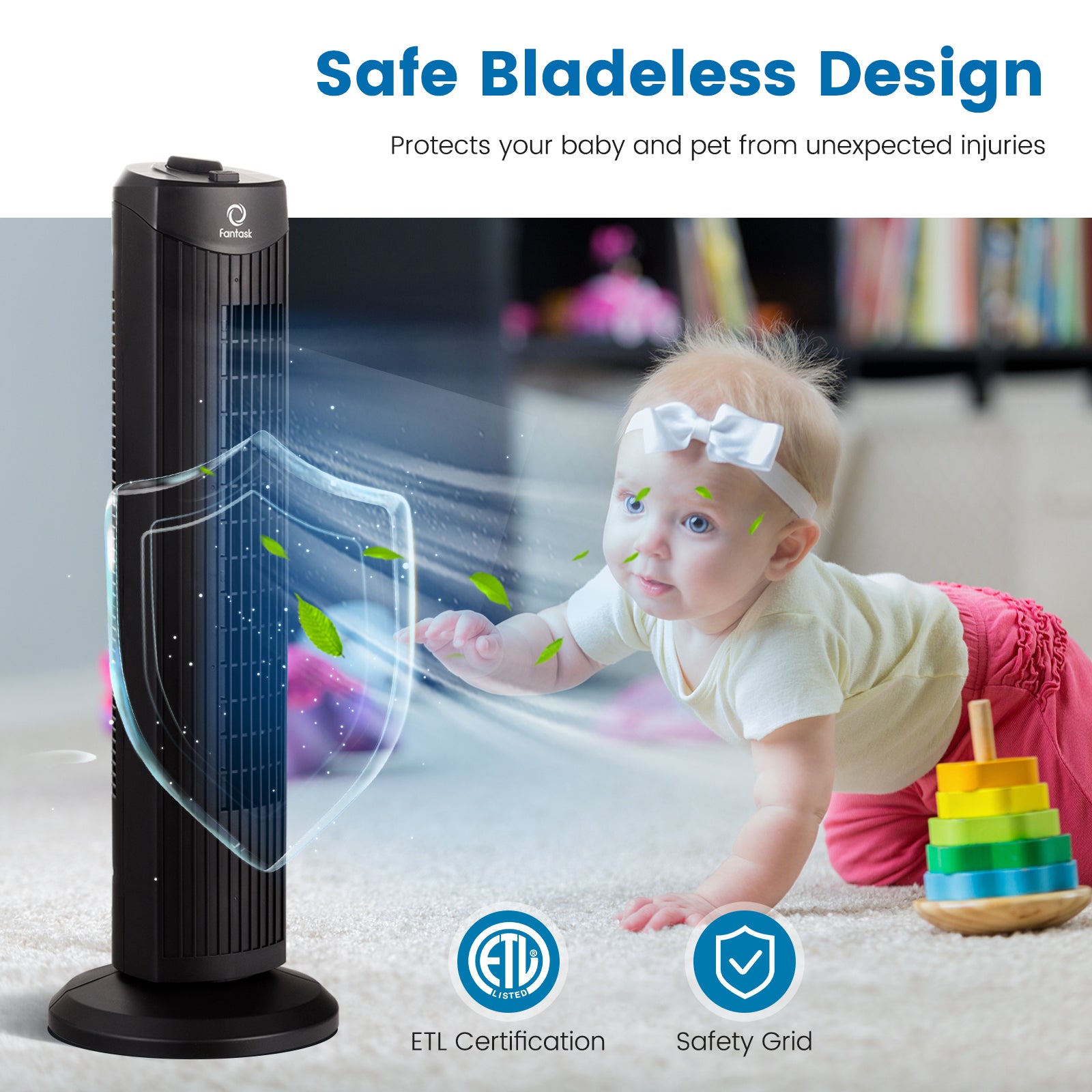 Fantask 35W 28 Inch Quiet Bladeless Oscillating Tower Fan-BlackÂ