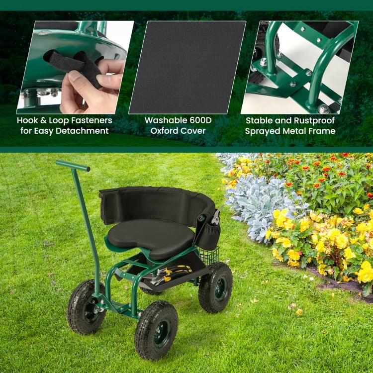Rolling Garden Cart with Height Adjustable Swivel Seat and Storage Basket-Green
