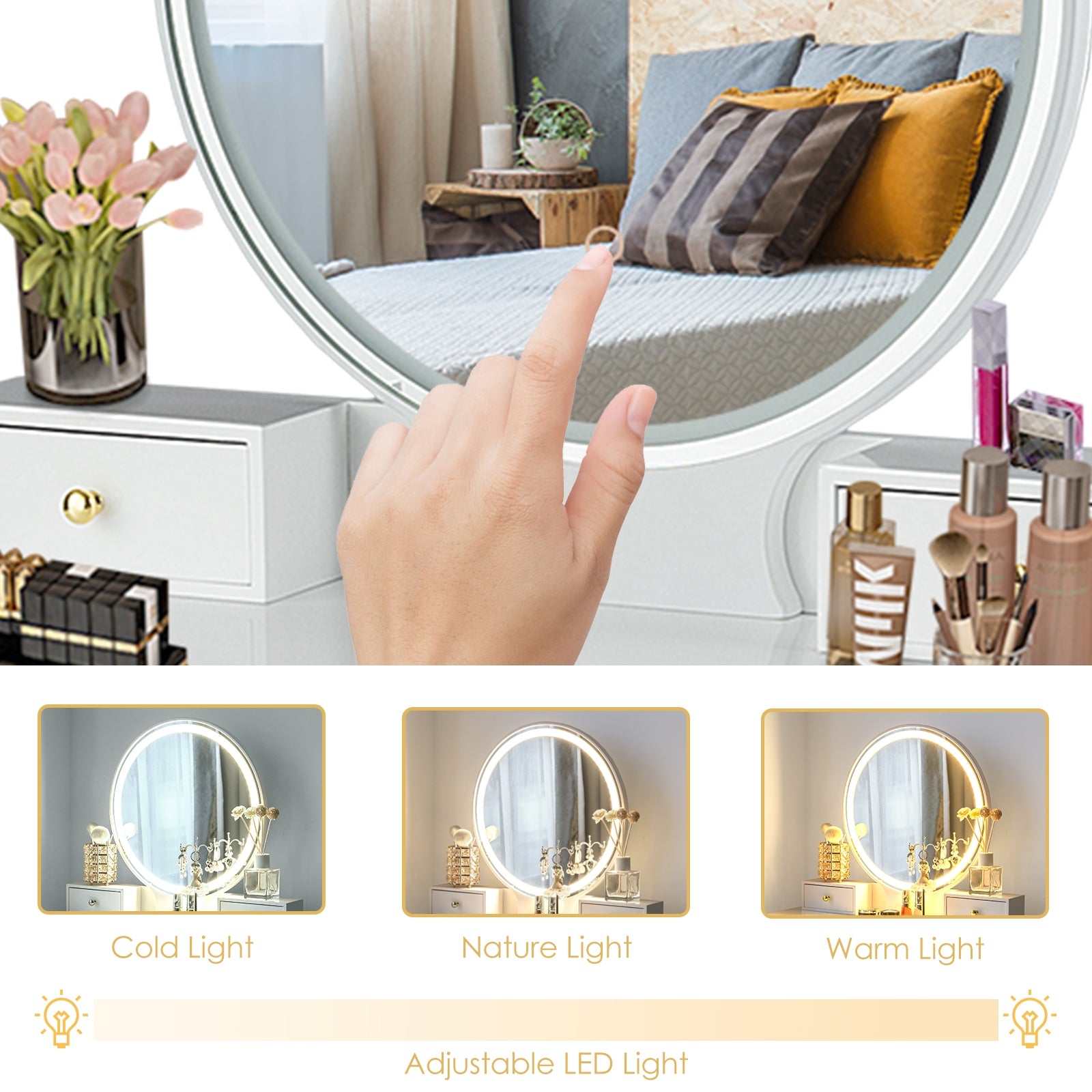 Set 3 Makeup Vanity Table Color Lighting Jewelry Divider Dressing Table-WhiteÂ