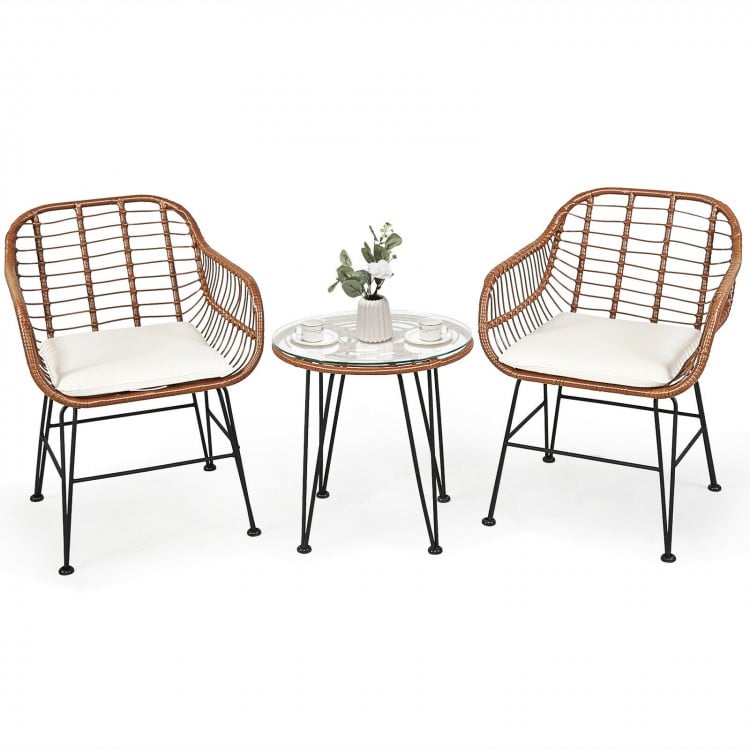 3 Pieces Patio Rattan Bistro Set with Cushion-White