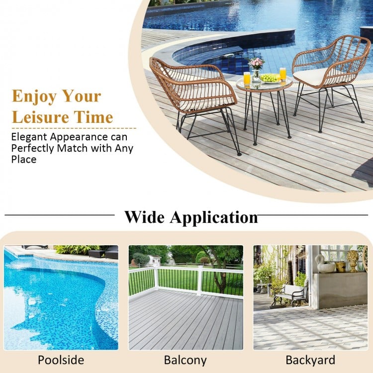 3 Pieces Patio Rattan Bistro Set with Cushion-White