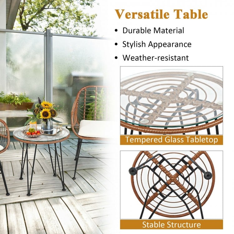 3 Pieces Patio Rattan Bistro Set with Cushion-White