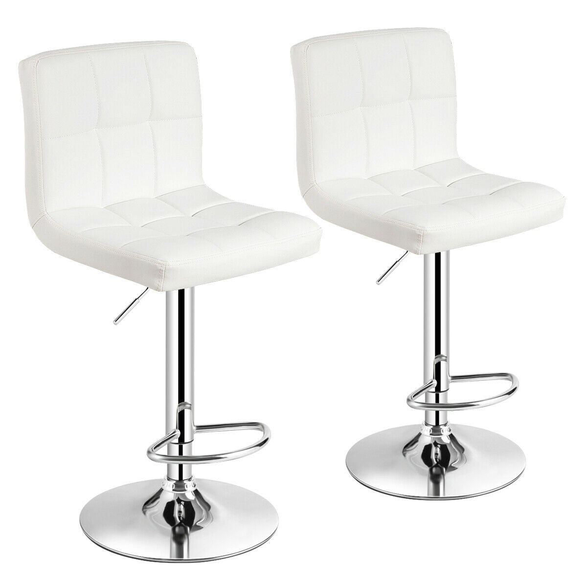 Set of 2 Square Swivel Adjustable PU Leather Bar Stools with Back and Footrest-WhiteÂ