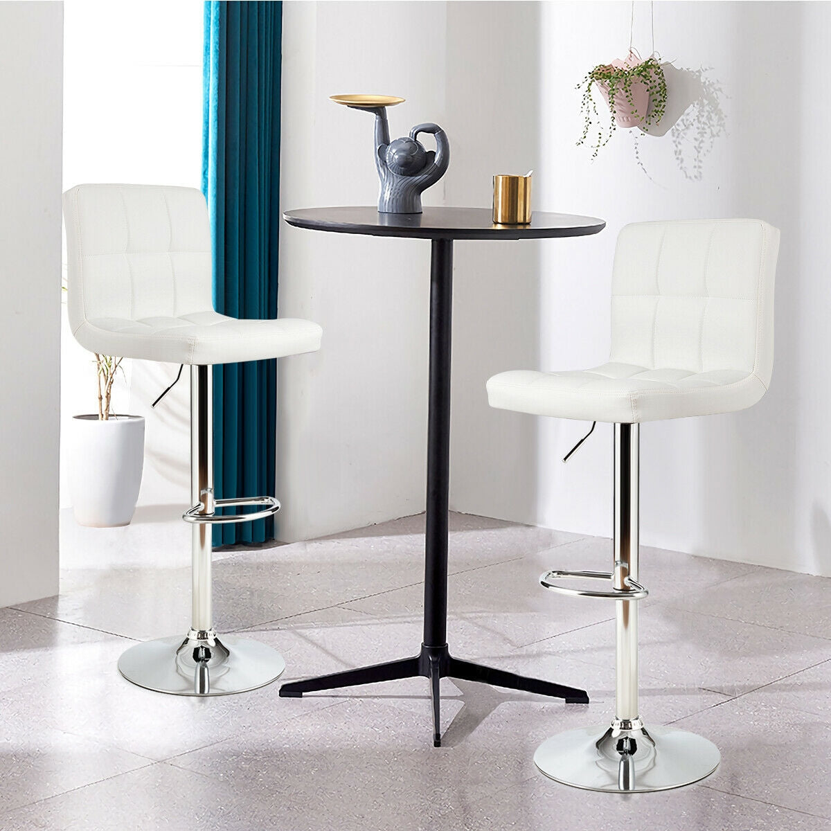 Set of 2 Square Swivel Adjustable PU Leather Bar Stools with Back and Footrest-WhiteÂ