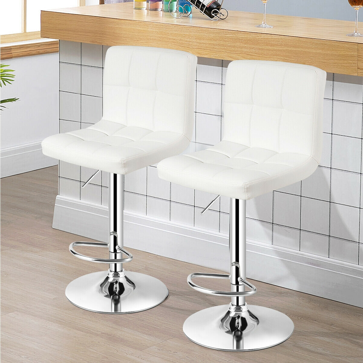 Set of 2 Square Swivel Adjustable PU Leather Bar Stools with Back and Footrest-WhiteÂ