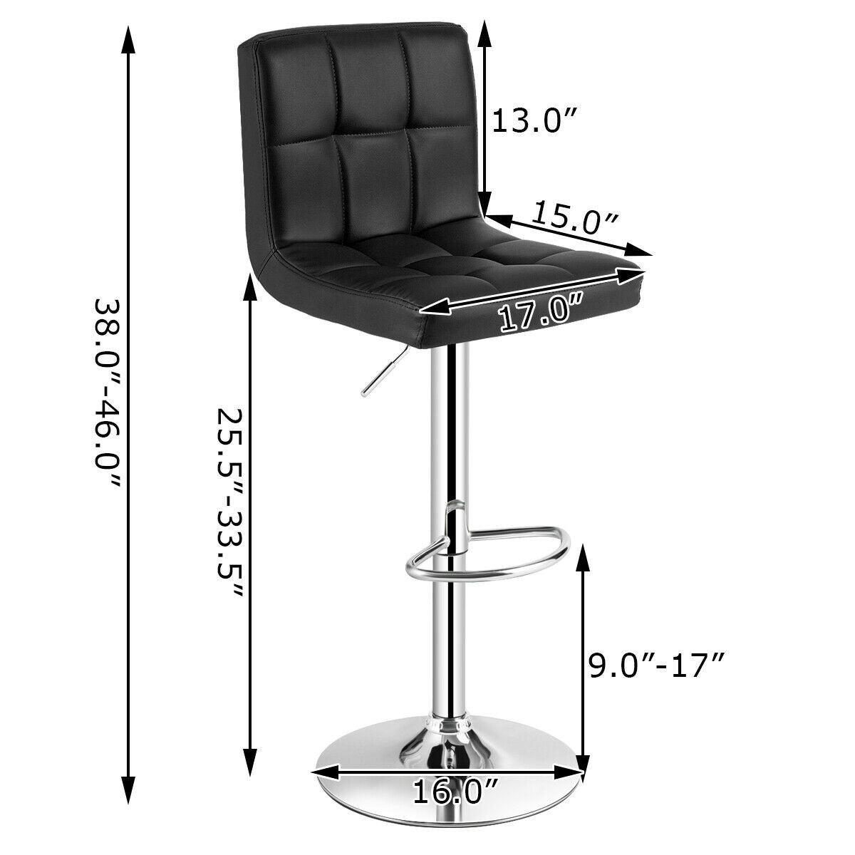 Set of 2 Square Swivel Adjustable PU Leather Bar Stools with Back and Footrest-BlackÂ