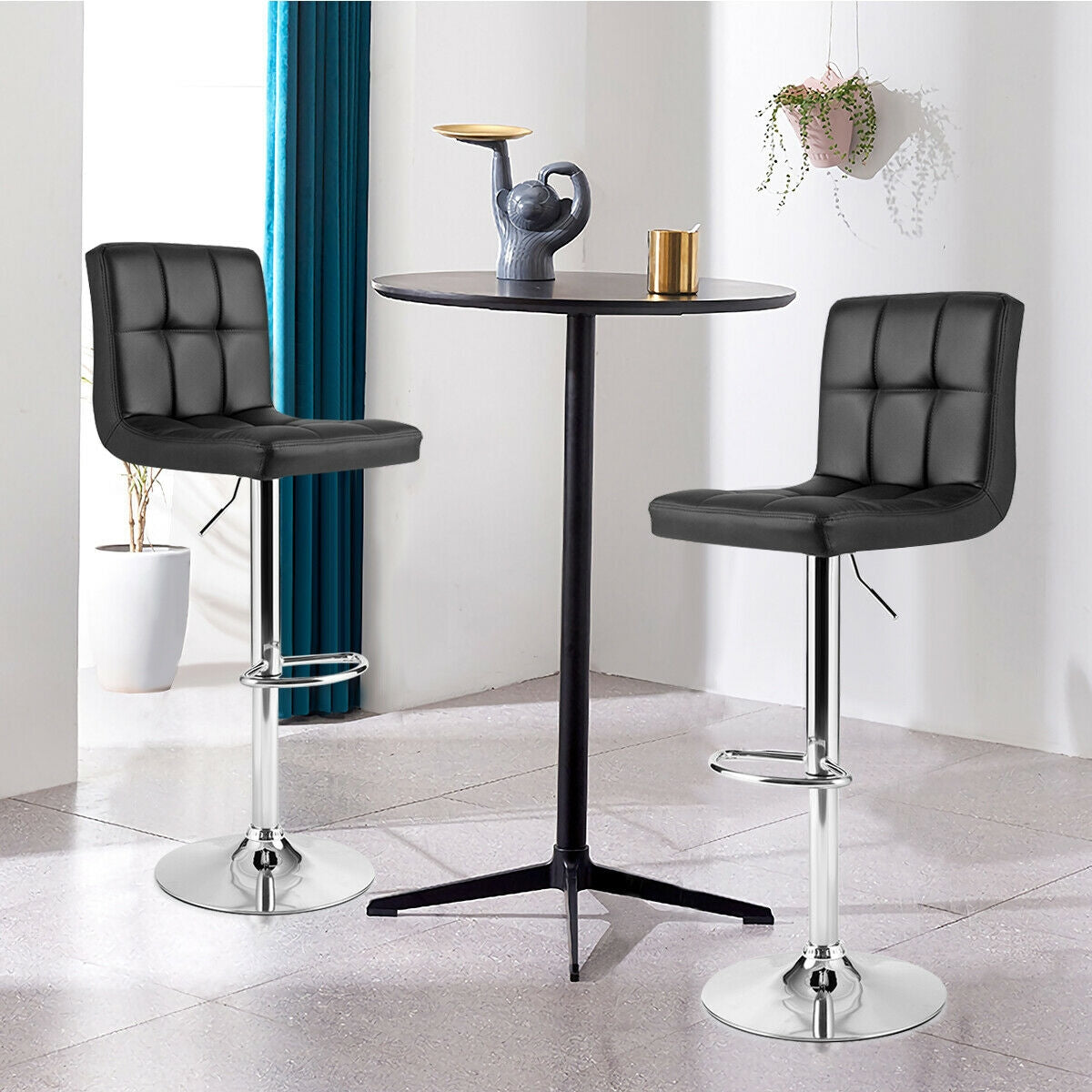 Set of 2 Square Swivel Adjustable PU Leather Bar Stools with Back and Footrest-BlackÂ