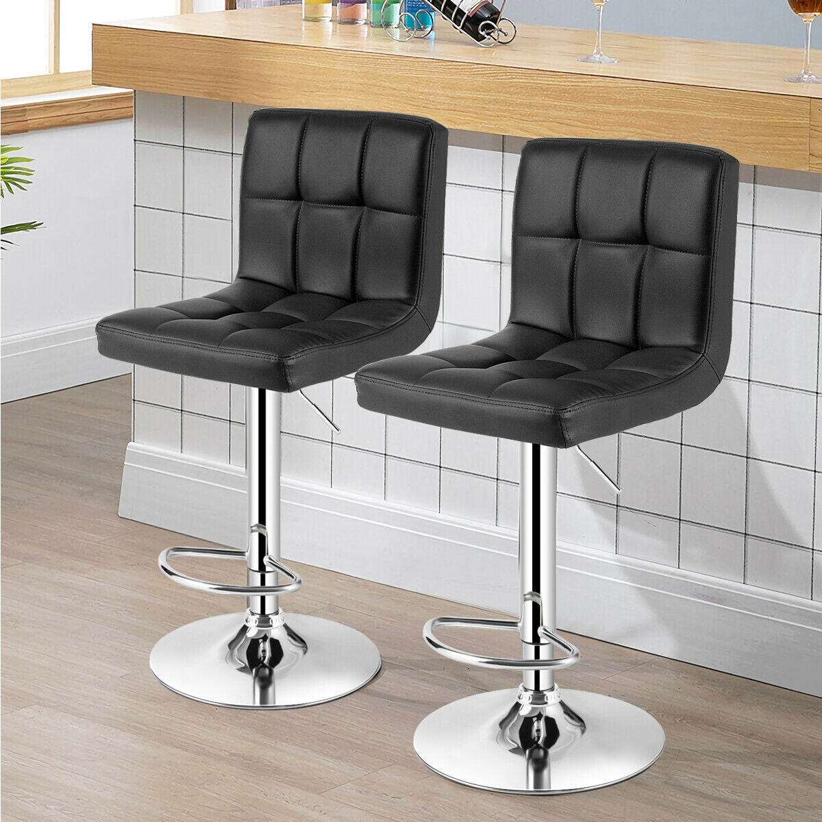 Set of 2 Square Swivel Adjustable PU Leather Bar Stools with Back and Footrest-BlackÂ