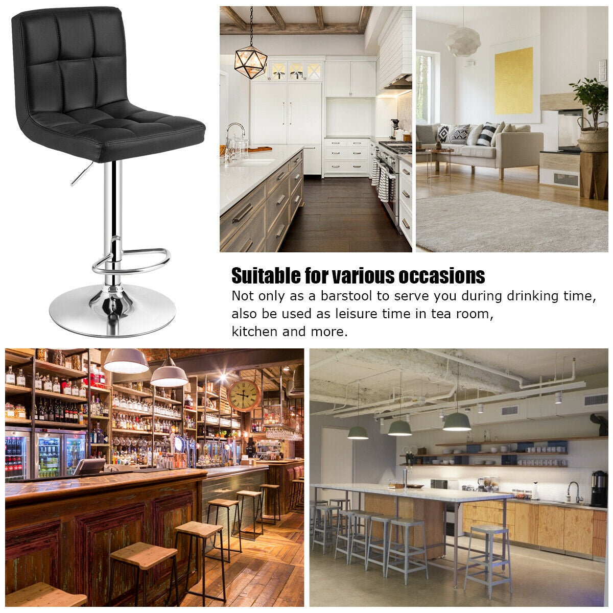 Set of 2 Square Swivel Adjustable PU Leather Bar Stools with Back and Footrest-BlackÂ