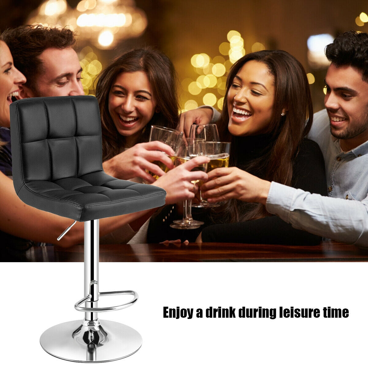 Set of 2 Square Swivel Adjustable PU Leather Bar Stools with Back and Footrest-BlackÂ