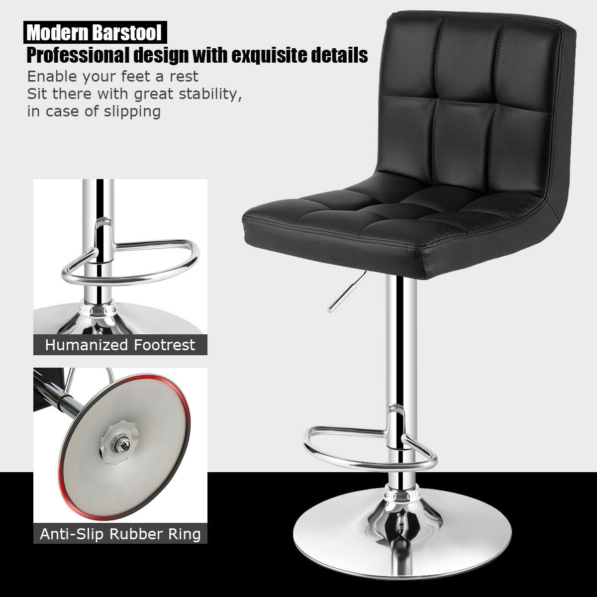 Set of 2 Square Swivel Adjustable PU Leather Bar Stools with Back and Footrest-BlackÂ