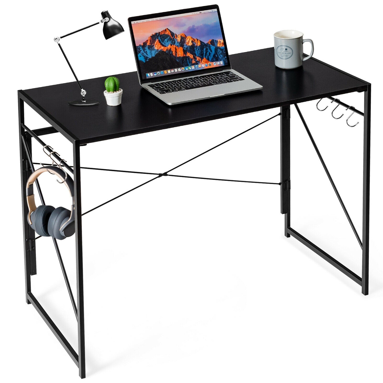 Folding Computer Desk Writing Study Desk Home Office with 6 Hooks-BlackÂ