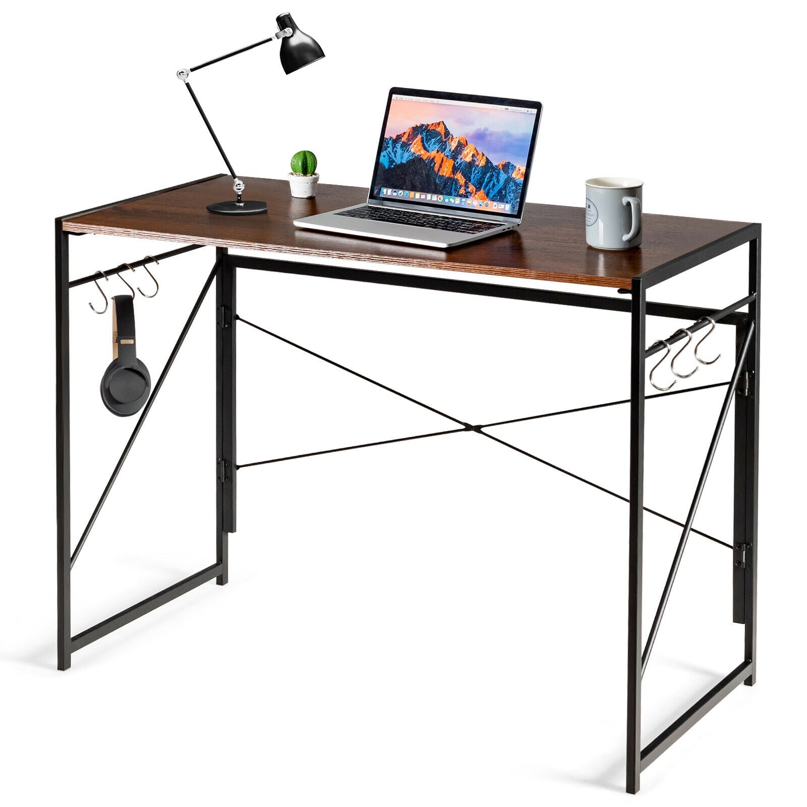 Folding Computer Desk Writing Study Desk Home Office with 6 Hooks-BrownÂ
