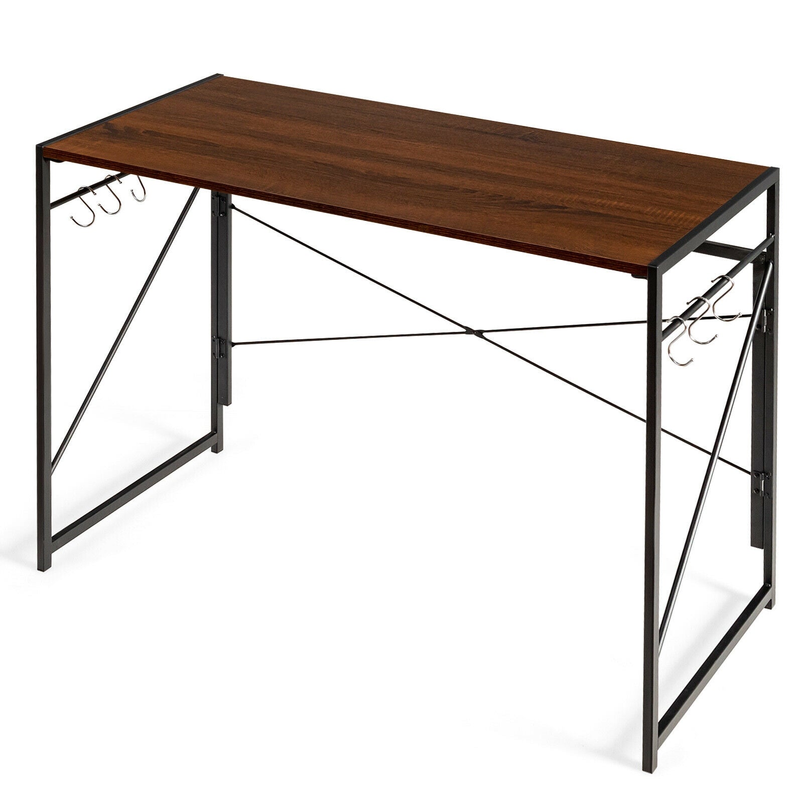 Folding Computer Desk Writing Study Desk Home Office with 6 Hooks-BrownÂ