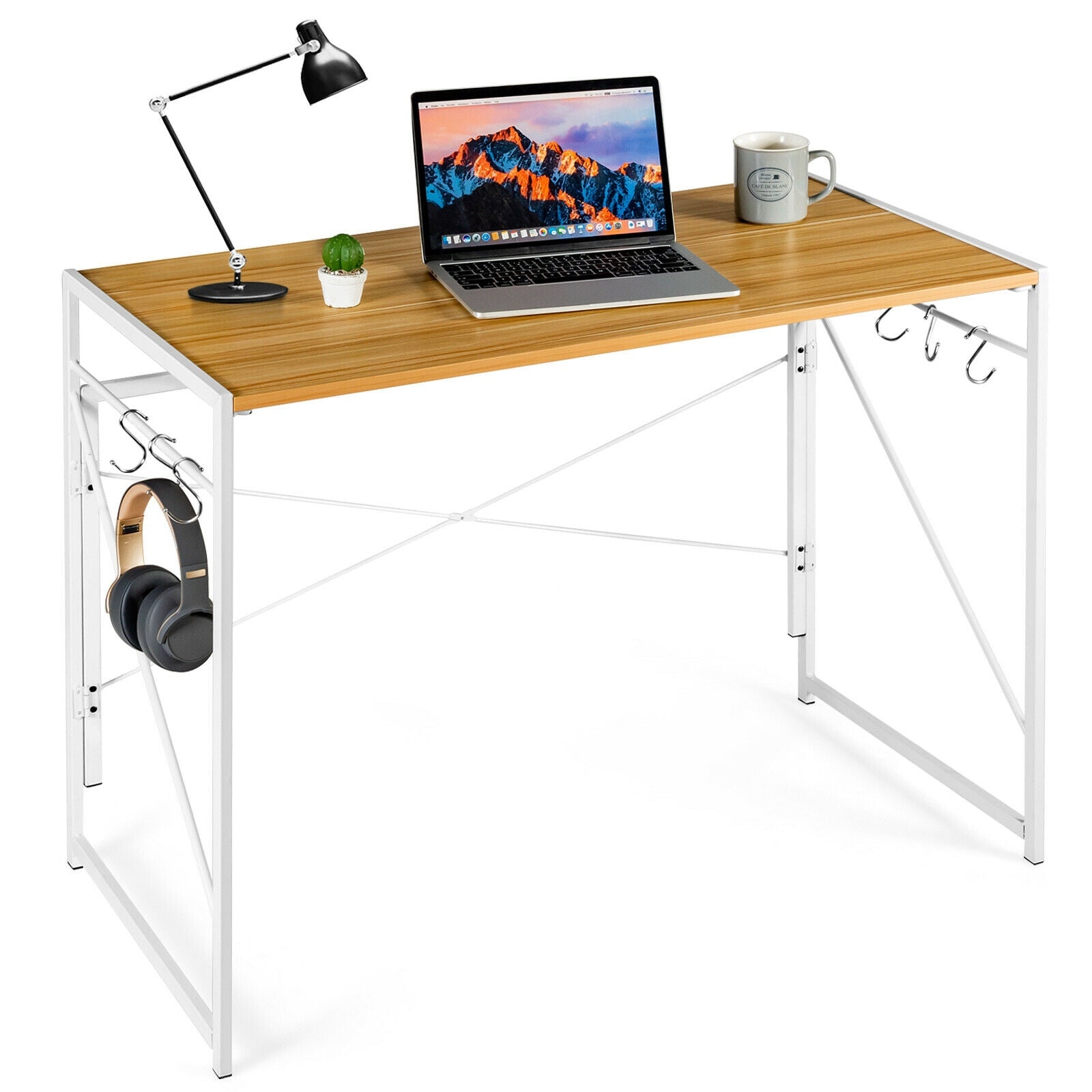 Folding Computer Desk Writing Study Desk Home Office with 6 Hooks-NaturalÂ