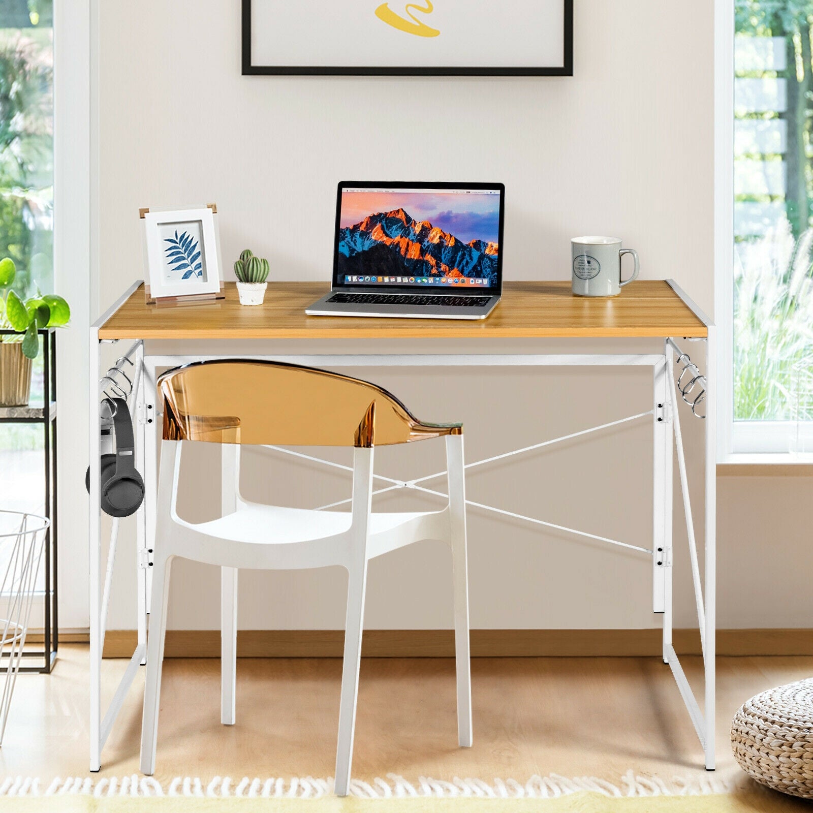 Folding Computer Desk Writing Study Desk Home Office with 6 Hooks-NaturalÂ